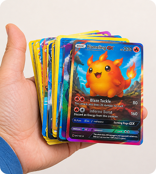 Hand holding a stack of Pokémon cards
